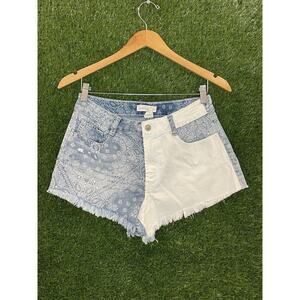 Happily Grey Mixed Bandana Print Cut-Off Denim Shorts - Two-Tone Blue/White